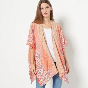 Susan Graver Printed Woven Open Cardigan Patch Pockets Coral Melon